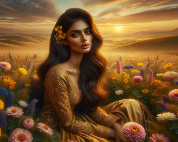 Woman in Golden Dress in Vibrant Meadow at Sunset