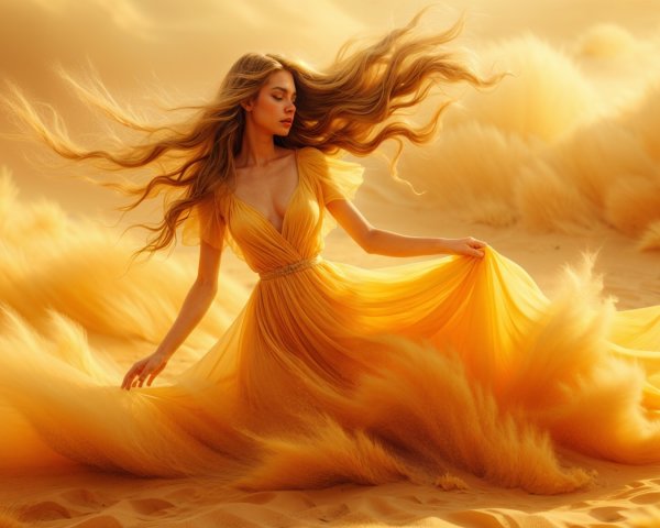 Young woman in yellow gown on sandy landscape