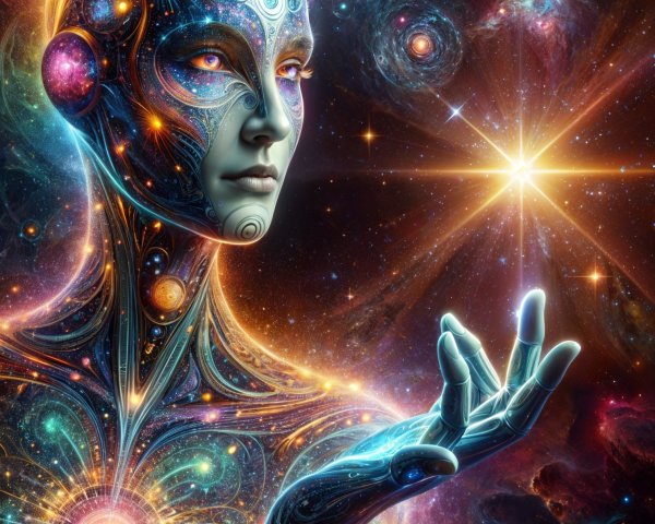Cosmic Figure with Vibrant Colors and Galaxies