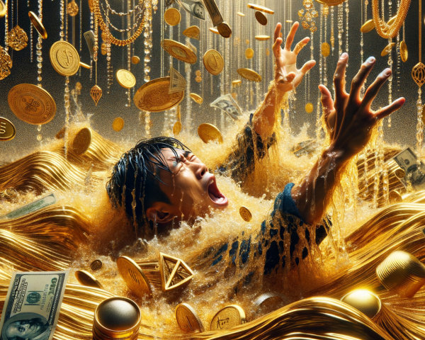 Person Struggling in Chaotic Scene of Wealth Overflow