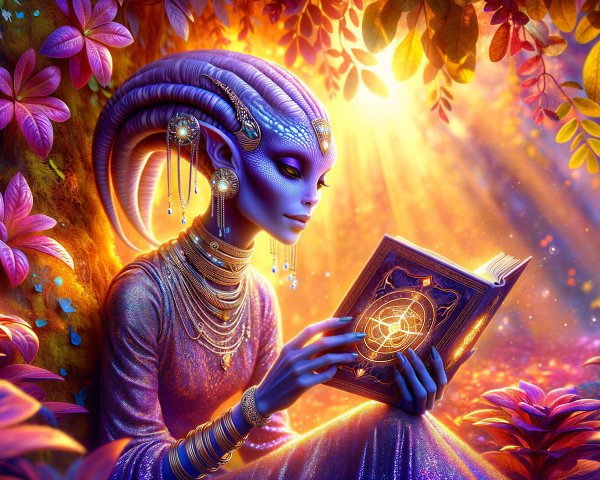 Blue-skinned alien reading in an enchanted forest