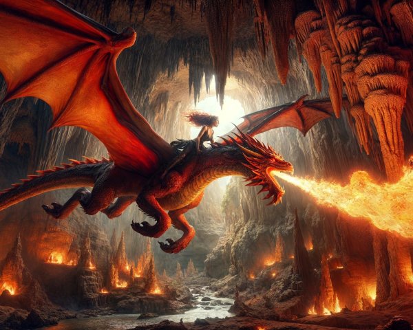 Red dragon with rider in a dimly lit cavern