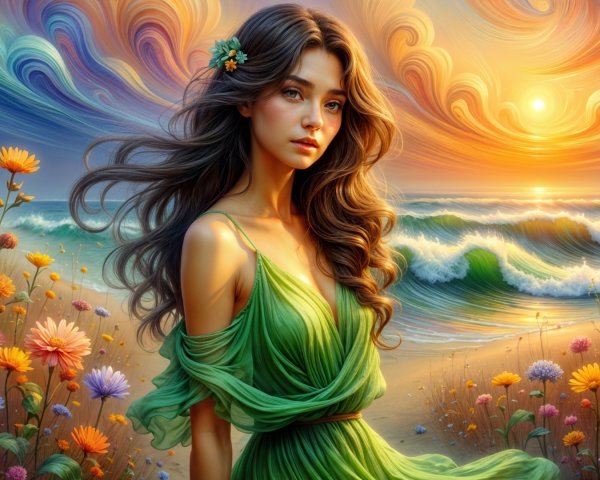 Young Woman in Green Dress at Vibrant Beach Sunset