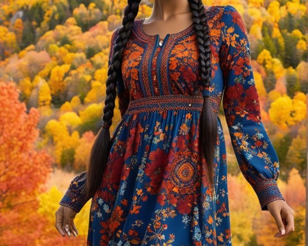 Woman in Floral Dress Amidst Autumn Landscape