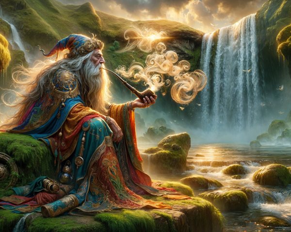 Ancient Wizard Playing Pipe by Serene Waterfall