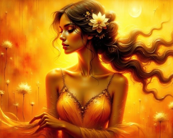 Serene Woman in Golden Gown Surrounded by Flowers