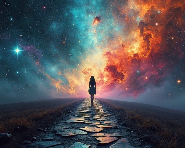 Solitary Figure on Stone Path Under Cosmic Scene