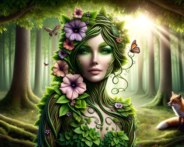 Mystical Woman in a Lush Forest with Nature Elements