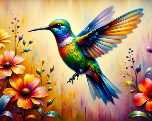 Vibrant Hummingbird Among Colorful Blooming Flowers