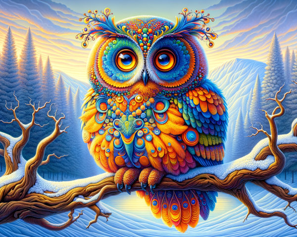 Vibrant Owl on Branch in Snowy Landscape at Sunrise