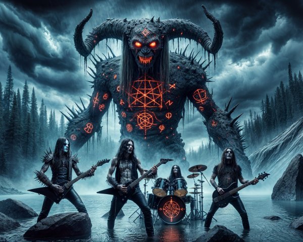 Heavy Metal Band Performance in Misty Landscape