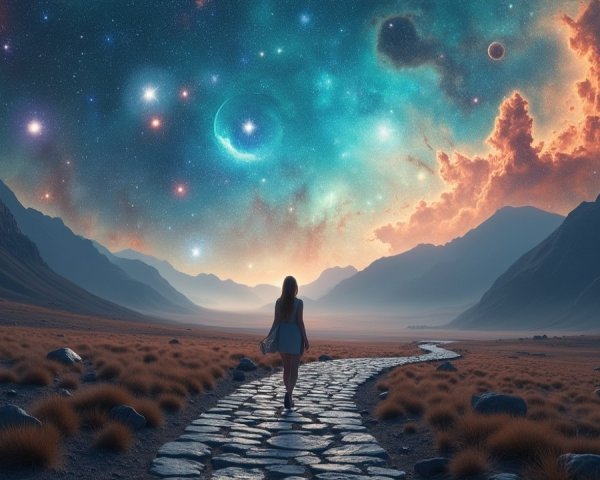 Solitary Figure on Winding Path in Cosmic Landscape