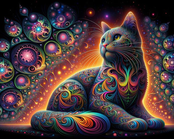Psychedelic Cat with Colorful Patterns and Whiskers