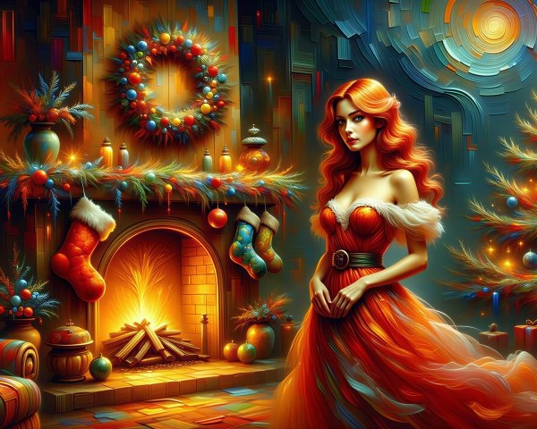 Stained Glass Painting of Woman by Fireplace and Tree