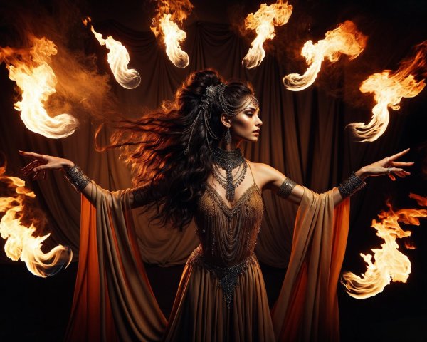 Fire Dancer in Ornate Gown Surrounded by Flames