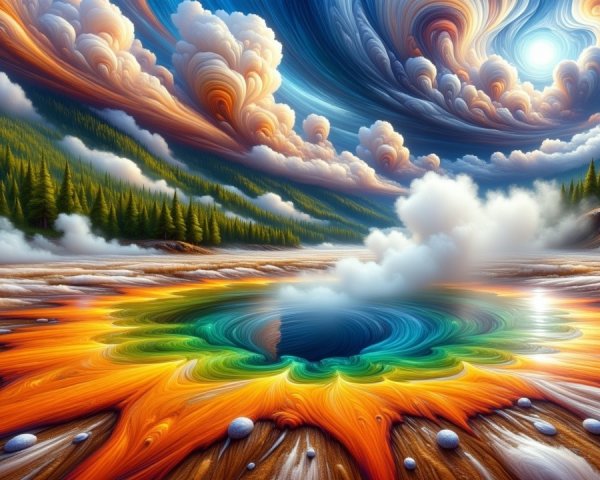 Surreal Landscape with Colorful Hot Spring and Trees