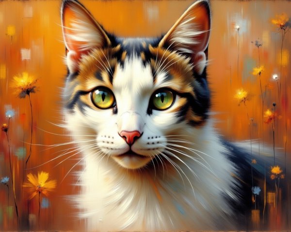 Illustration of a Cat with Green Eyes and Wildflowers