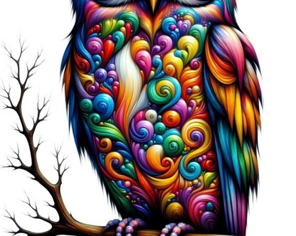 Intricately Designed Colorful Owl on a Branch