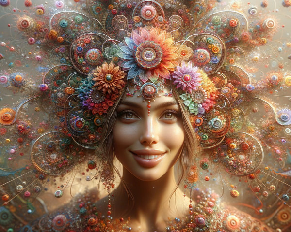 Portrait of a woman with floral headdress and serene expression