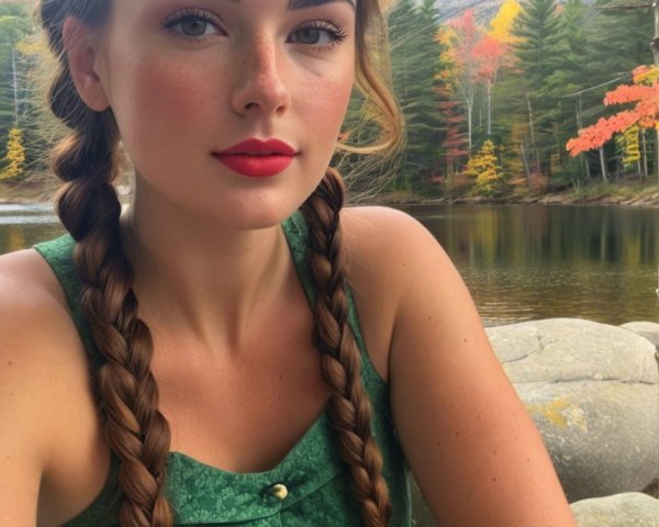 Young woman by serene lake in autumn foliage