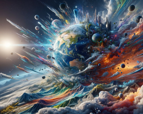 Cosmic Scene with Earth Surrounded by Colorful Galaxies