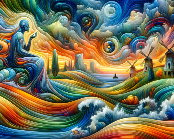 Vibrant Landscape with Serene Figure and Windmills