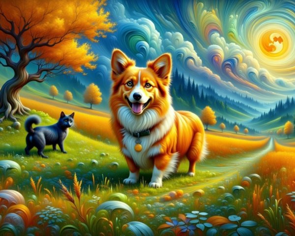 Corgi and Cat in a Colorful Whimsical Landscape