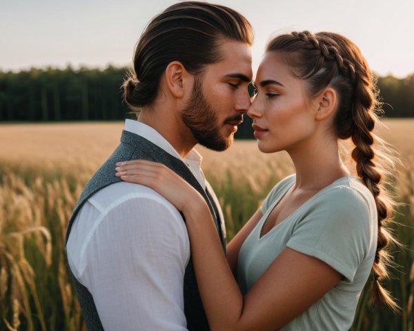 Couple in Golden Field at Sunset with Romantic Atmosphere