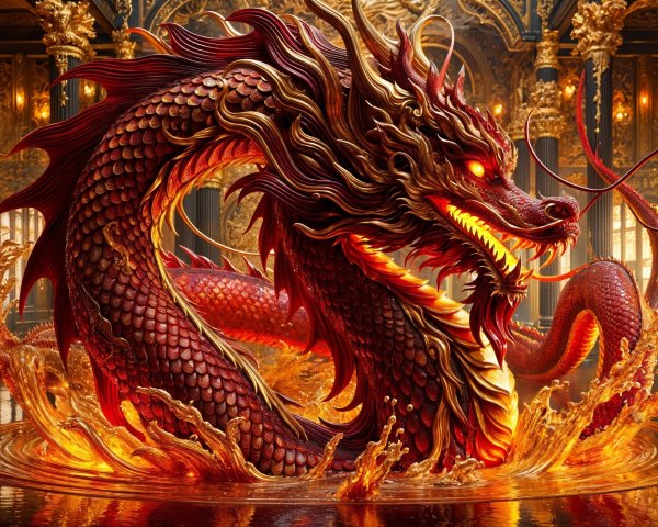 Majestic Red Dragon in Ornate Hall with Flames