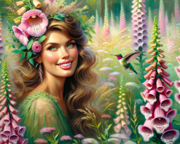 Radiant woman in floral field with hummingbird nearby