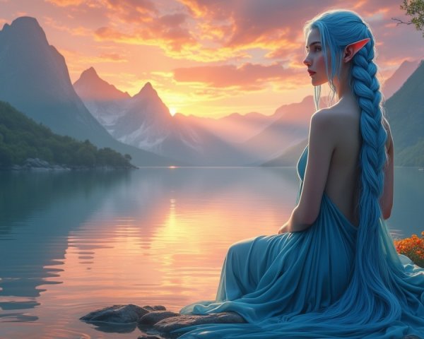 Young Woman by Tranquil Lake at Sunset