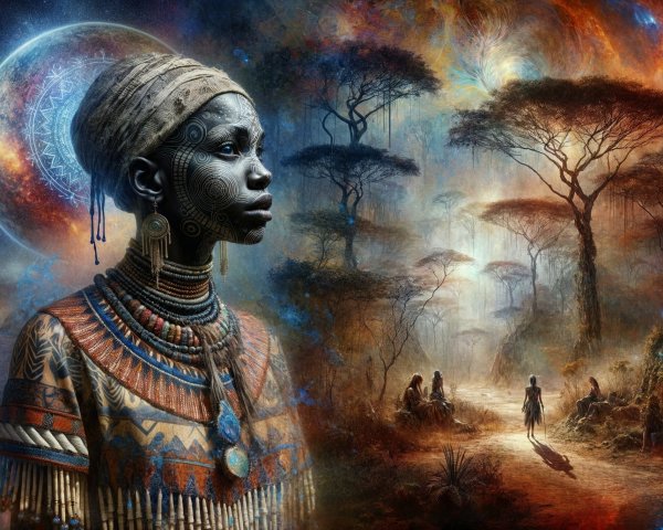 African Woman in Traditional Attire Against Cosmic Backdrop