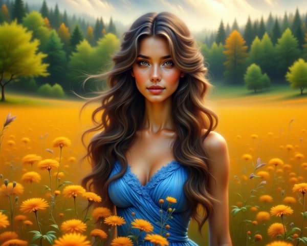 Serene Landscape with Woman in Blue Dress and Flowers