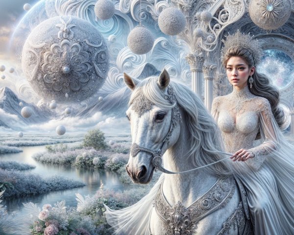Majestic Woman on White Horse in Fantasy Landscape