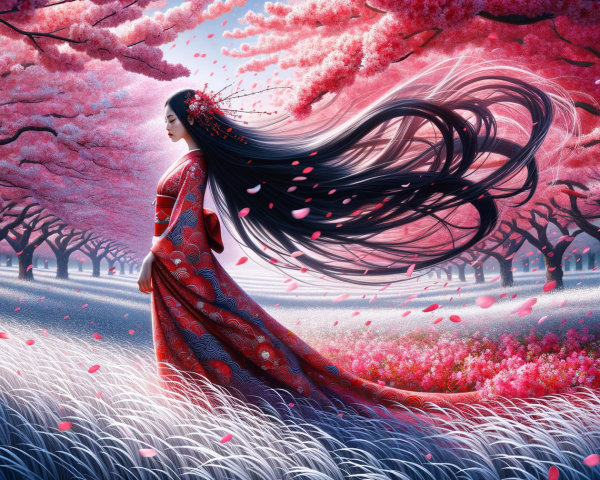 Woman in Red Kimono in Cherry Blossom Grove