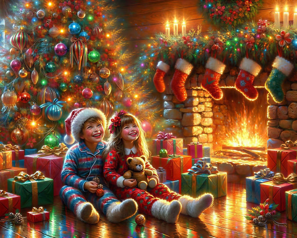 Photorealistic Christmas Scene with Children and Ornaments