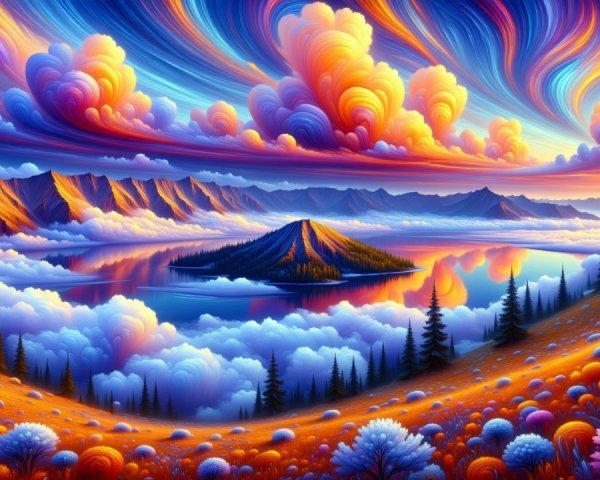 Vibrant Landscape with Lake and Majestic Mountains