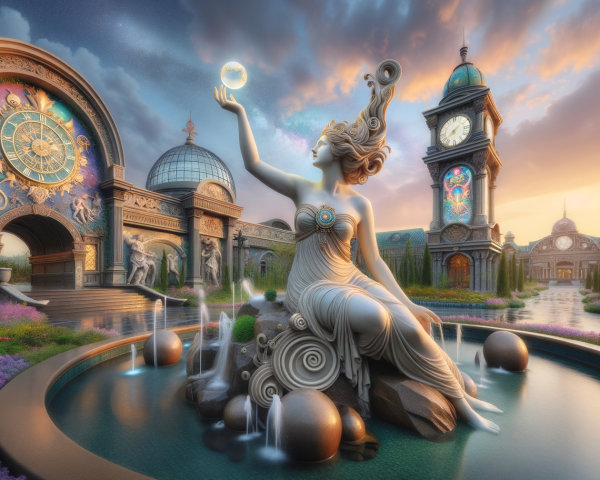 Fantasy Scene with Statue, Fountain, and Gardens