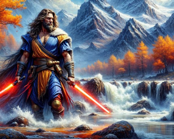 Heroic figure in vibrant armor by a swirling river