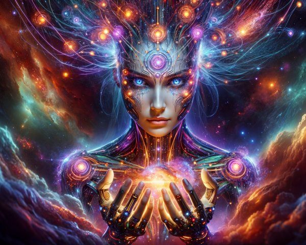 Cosmic Figure with Glowing Patterns and Energy Orb