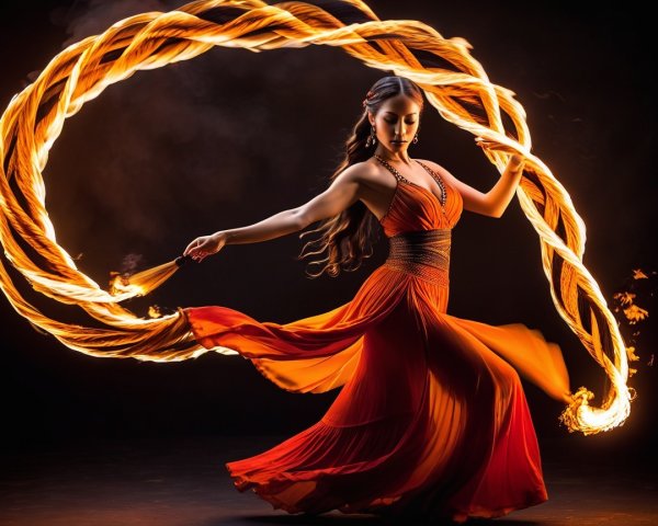 Dancer in Red Gown Twirls with Flaming Staff