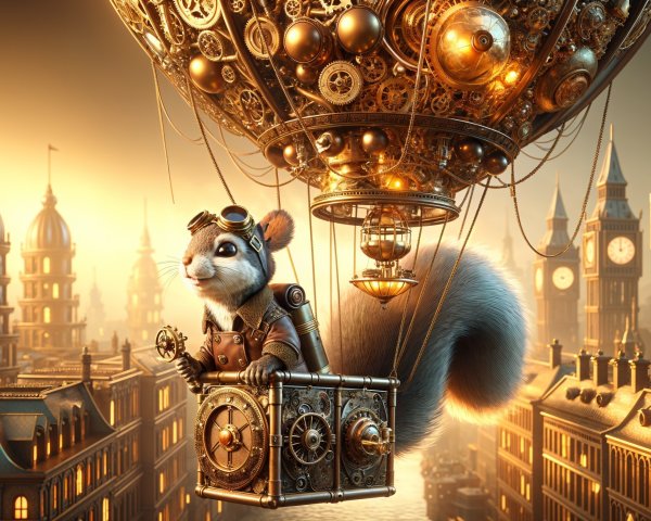 Clever Squirrel in Steampunk Balloon Over Cityscape