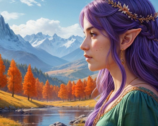 Serene Landscape with Fantasy Elf and Autumn Foliage