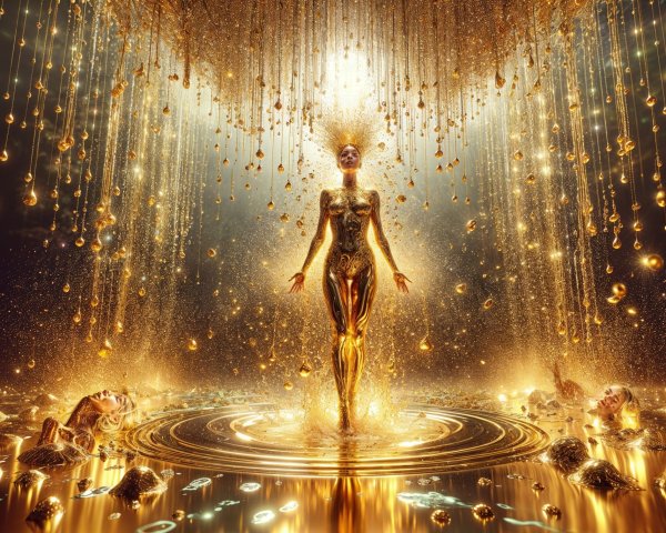 Golden Humanoid Figure in Ethereal Light and Orbs