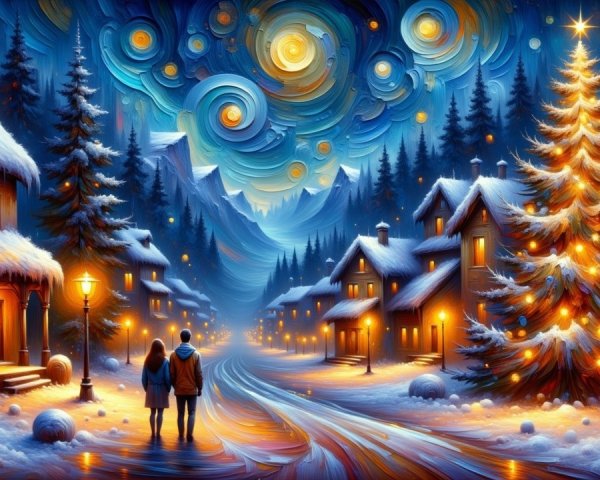 Couple Walking in a Whimsical Winter Village at Night
