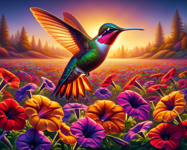 Hummingbird in Colorful Petunia Field at Sunrise