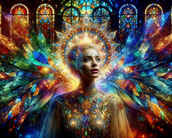 Ethereal figure with butterfly wings and stained glass