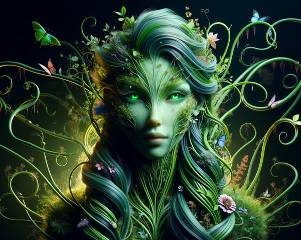 Fantasy Portrait of a Woman with Green Skin and Vines
