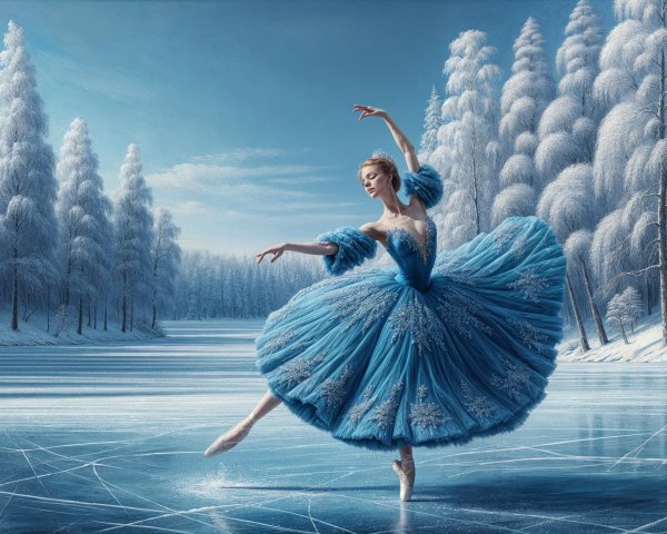 Ballerina on Frozen Lake in Winter Landscape
