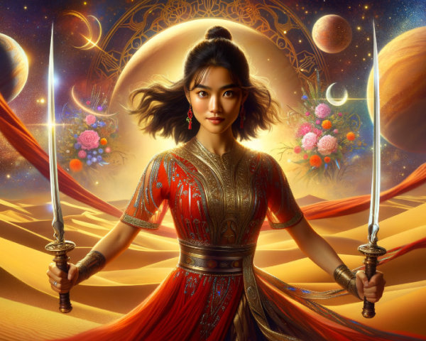 Fierce Warrior in Vibrant Desert with Cosmic Backdrop